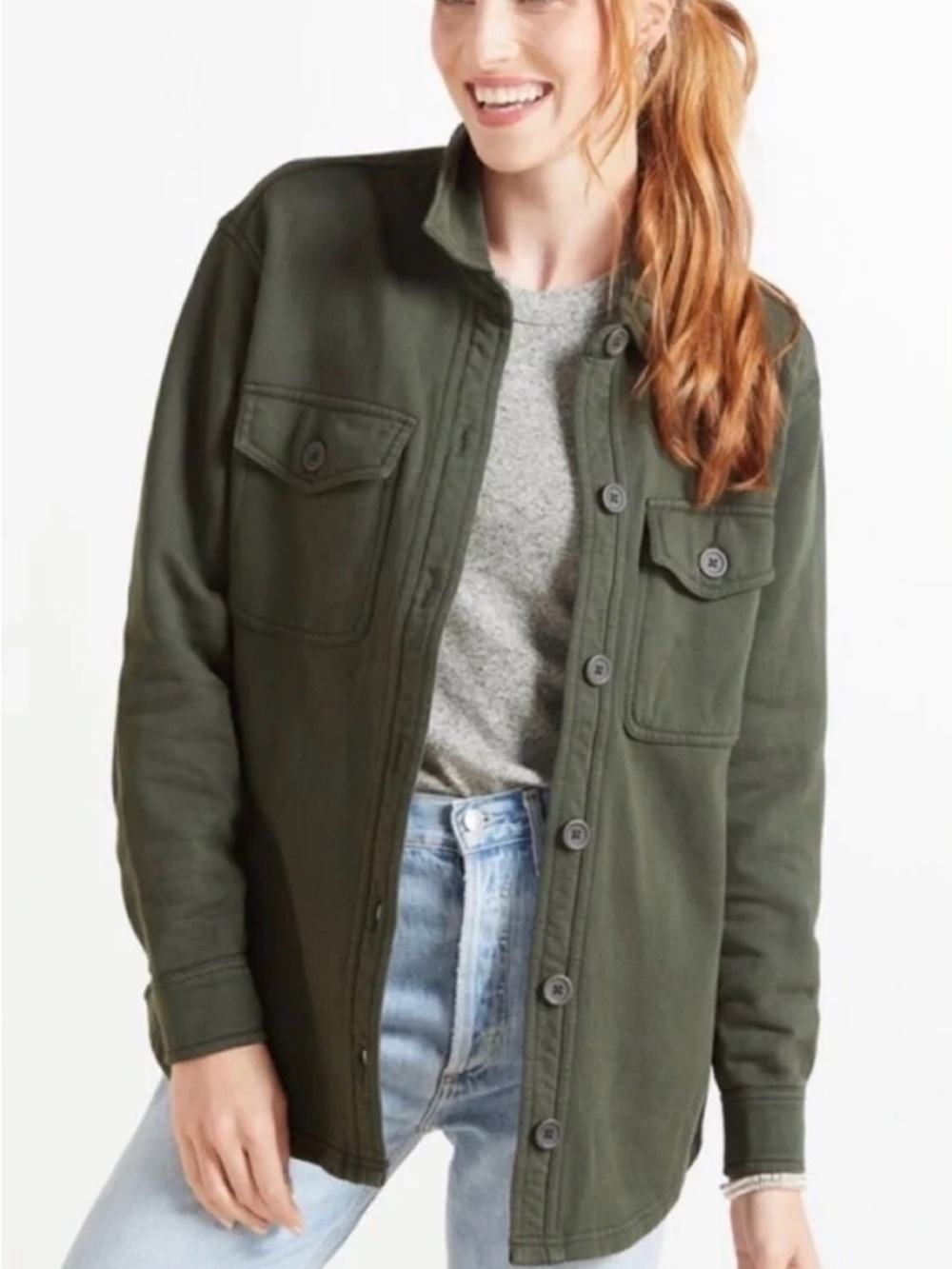 Good American Olive Green Button-Front Fleece Shirt Jacket